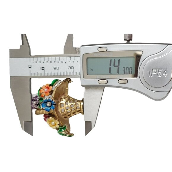 St. Labre Gold Tone Multicolor Enamel Clear Rhinestone Basket of Flowers Brooch - Picture 8 of 9